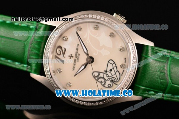 Vacheron Constantin Metiers d'Art Swiss ETA 2824 Automatic Steel Case with White MOP Dial Green Leather Strap and Diamonds Bezel - Click Image to Close